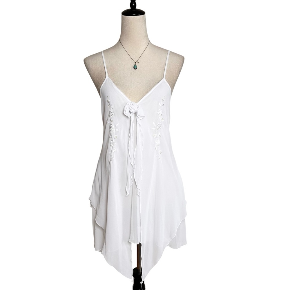 Vintage Y2K White Embroidered Ruffle Asymmetric Slip Coquette Tunic Tank Small